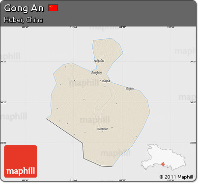 Shaded Relief Map of Gong An, single color outside