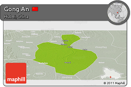 Physical Panoramic Map of Gong An, lighten, semi-desaturated