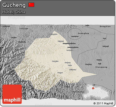 Shaded Relief 3D Map of Gucheng, darken, desaturated