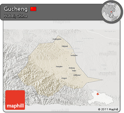 Shaded Relief 3D Map of Gucheng, lighten, semi-desaturated