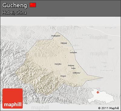 Shaded Relief 3D Map of Gucheng, lighten, semi-desaturated