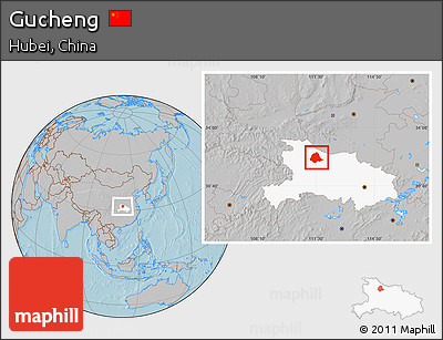 Gray Location Map of Gucheng, highlighted parent region, hill shading