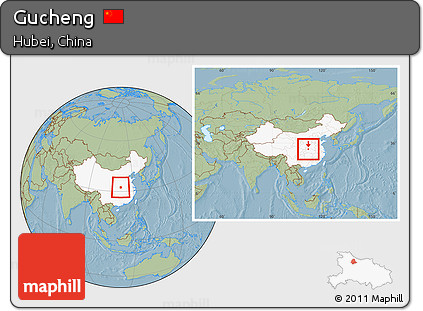 Savanna Style Location Map of Gucheng, highlighted country, within the entire country, hill shading