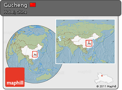 Savanna Style Location Map of Gucheng, highlighted country, highlighted parent region, within the entire country, hill shading