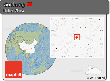 Savanna Style Location Map of Gucheng, highlighted country, hill shading