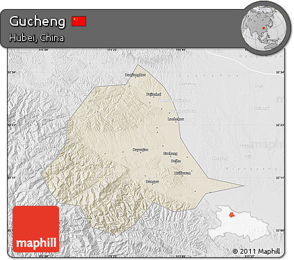 Shaded Relief Map of Gucheng, lighten, desaturated