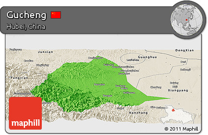Political Panoramic Map of Gucheng, shaded relief outside