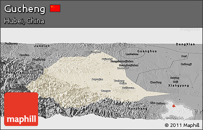 Shaded Relief Panoramic Map of Gucheng, darken, desaturated