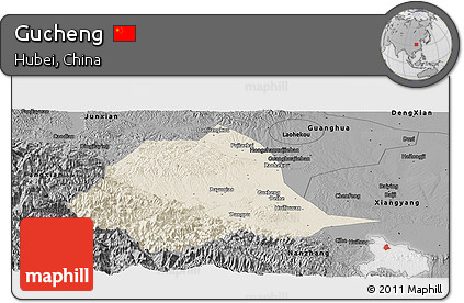Shaded Relief Panoramic Map of Gucheng, darken, desaturated