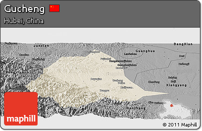 Shaded Relief Panoramic Map of Gucheng, darken, desaturated