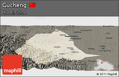 Shaded Relief Panoramic Map of Gucheng, darken