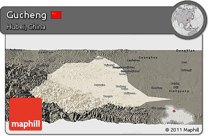 Shaded Relief Panoramic Map of Gucheng, darken