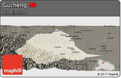 Shaded Relief Panoramic Map of Gucheng, darken
