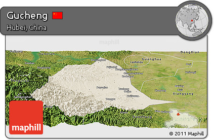 Shaded Relief Panoramic Map of Gucheng, satellite outside
