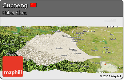 Shaded Relief Panoramic Map of Gucheng, satellite outside