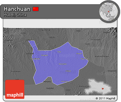 Political 3D Map of Hanchuan, darken, desaturated