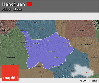 Political 3D Map of Hanchuan, darken, semi-desaturated