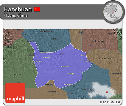 Political 3D Map of Hanchuan, darken, semi-desaturated