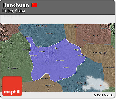 Political 3D Map of Hanchuan, darken, semi-desaturated