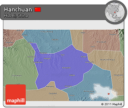 Political 3D Map of Hanchuan, semi-desaturated