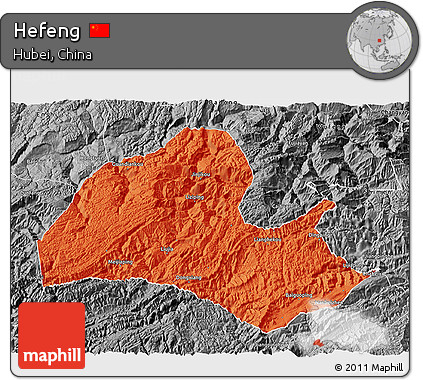 Political 3D Map of Hefeng, desaturated