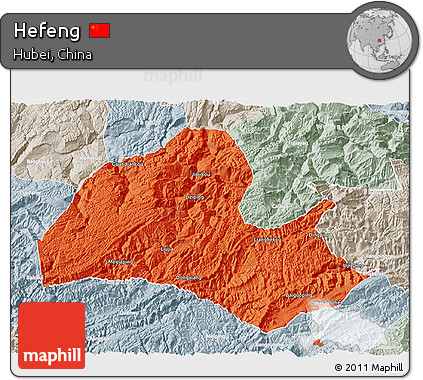 Political 3D Map of Hefeng, lighten, semi-desaturated
