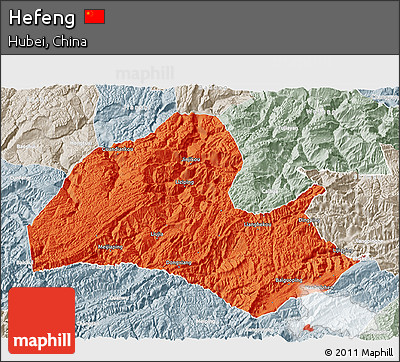 Political 3D Map of Hefeng, lighten, semi-desaturated
