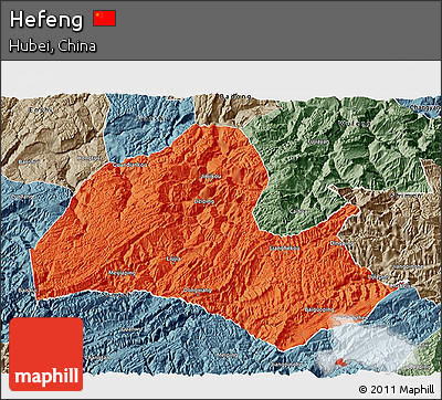 Political 3D Map of Hefeng, semi-desaturated