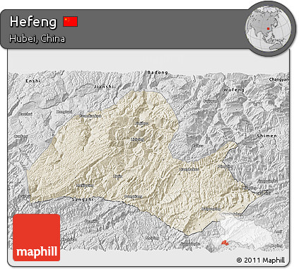 Shaded Relief 3D Map of Hefeng, desaturated