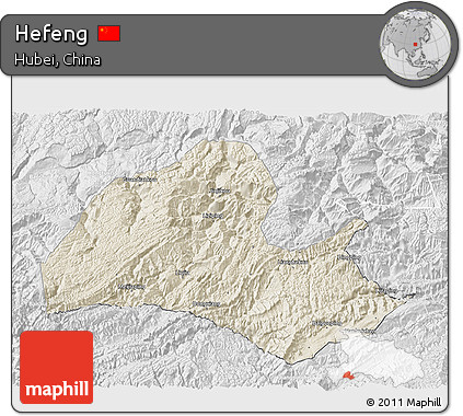 Shaded Relief 3D Map of Hefeng, lighten, desaturated