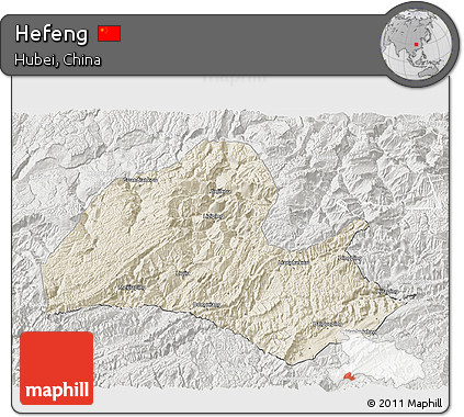 Shaded Relief 3D Map of Hefeng, lighten, semi-desaturated