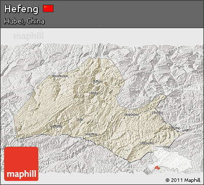 Shaded Relief 3D Map of Hefeng, lighten, semi-desaturated