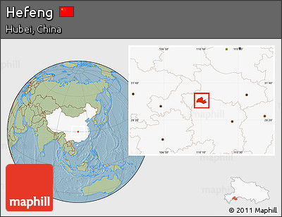 Savanna Style Location Map of Hefeng, highlighted country, hill shading