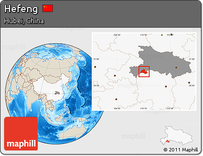 Shaded Relief Location Map of Hefeng, highlighted country, highlighted parent region