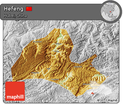 Physical Map of Hefeng, lighten, desaturated
