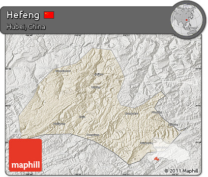 Shaded Relief Map of Hefeng, lighten, semi-desaturated