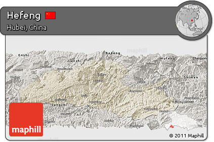 Shaded Relief Panoramic Map of Hefeng, semi-desaturated