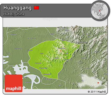 Physical 3D Map of Huanggang, semi-desaturated