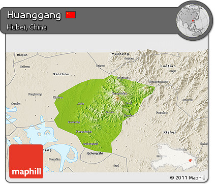 Physical 3D Map of Huanggang, shaded relief outside