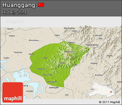 Physical 3D Map of Huanggang, shaded relief outside