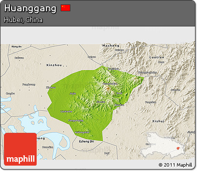 Physical 3D Map of Huanggang, shaded relief outside