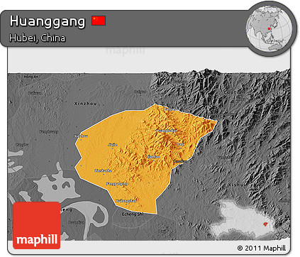 Political 3D Map of Huanggang, darken, desaturated