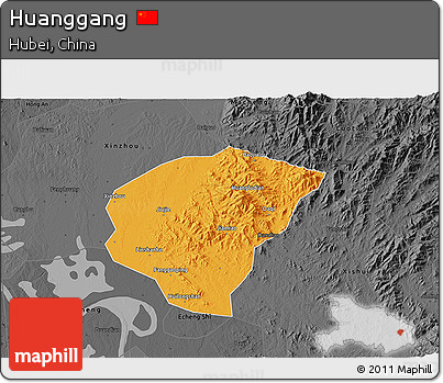Political 3D Map of Huanggang, darken, desaturated