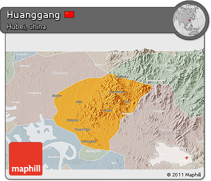Political 3D Map of Huanggang, lighten, semi-desaturated