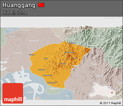 Political 3D Map of Huanggang, lighten, semi-desaturated