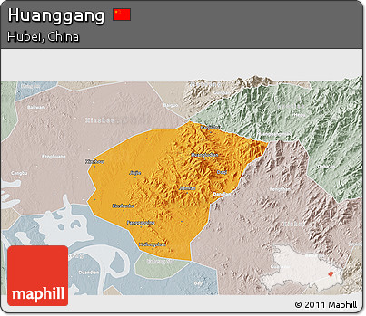 Political 3D Map of Huanggang, lighten, semi-desaturated