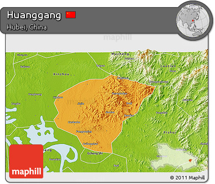 Political 3D Map of Huanggang, physical outside