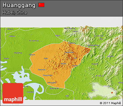 Political 3D Map of Huanggang, physical outside