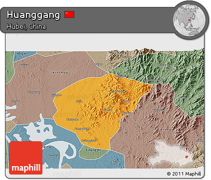 Political 3D Map of Huanggang, semi-desaturated