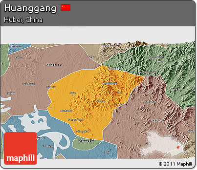 Political 3D Map of Huanggang, semi-desaturated